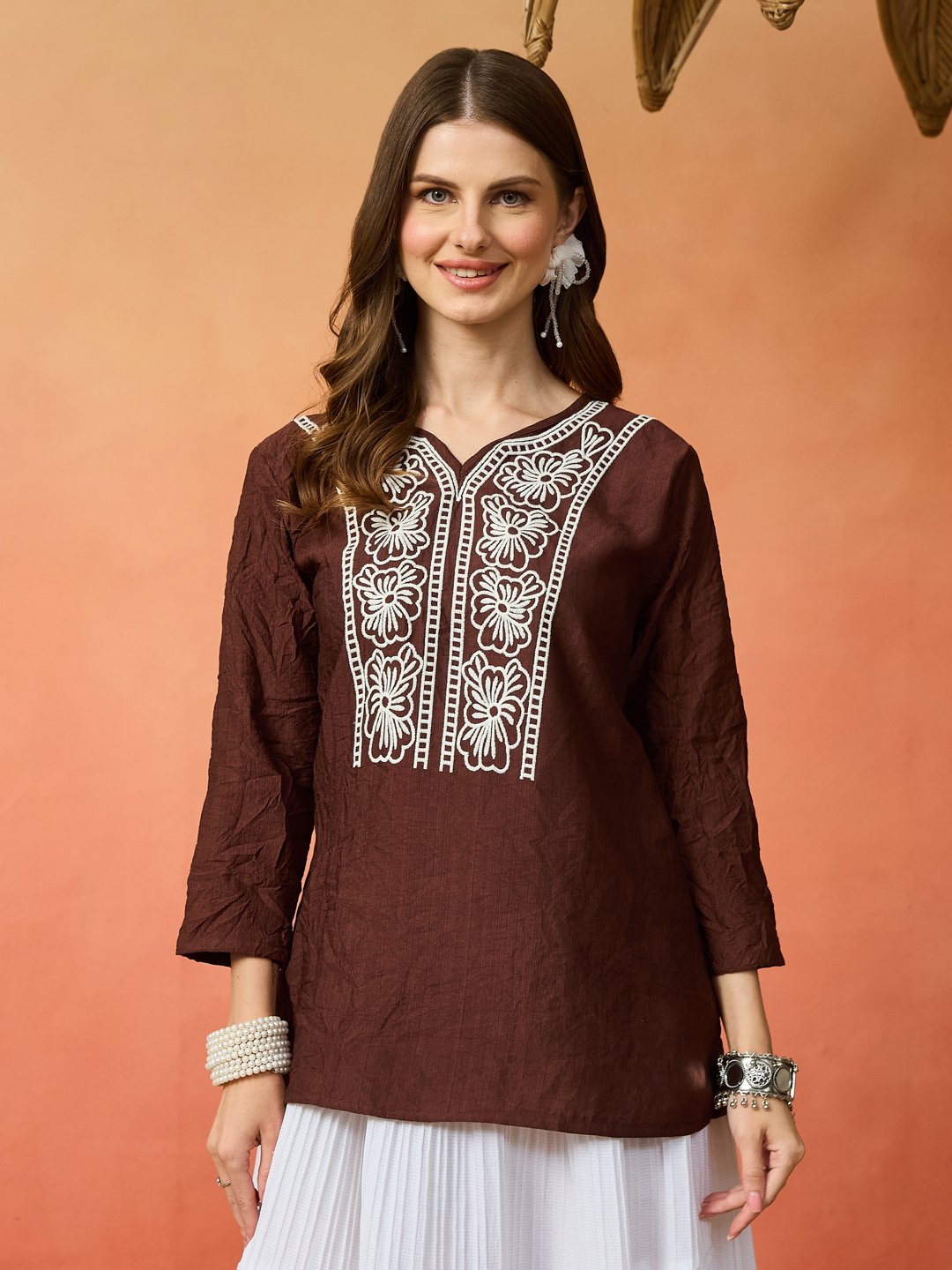 Women's Brown Embroidered Kurta with White Flared Skirt Set
